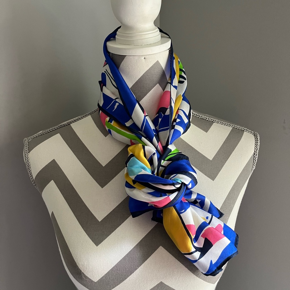 Colorful Abstract Vintage Silk Print Scarf - 52” l x 11” w - Picture 5 of 8